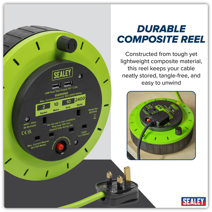 10m Cassette Type Cable Reel with Thermal Trip 2 x 230V & 2 x USB - Hi-Vis Green | BCR10G