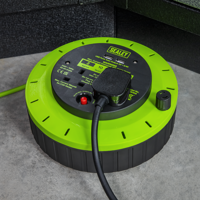 10m Cassette Type Cable Reel with Thermal Trip 2 x 230V & 2 x USB - Hi-Vis Green | BCR10G
