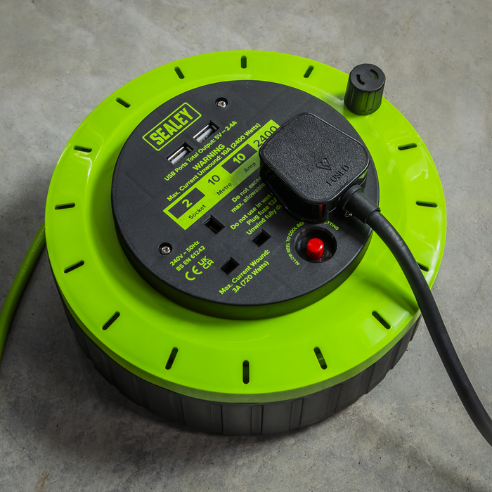 10m Cassette Type Cable Reel with Thermal Trip 2 x 230V & 2 x USB - Hi-Vis Green | BCR10G