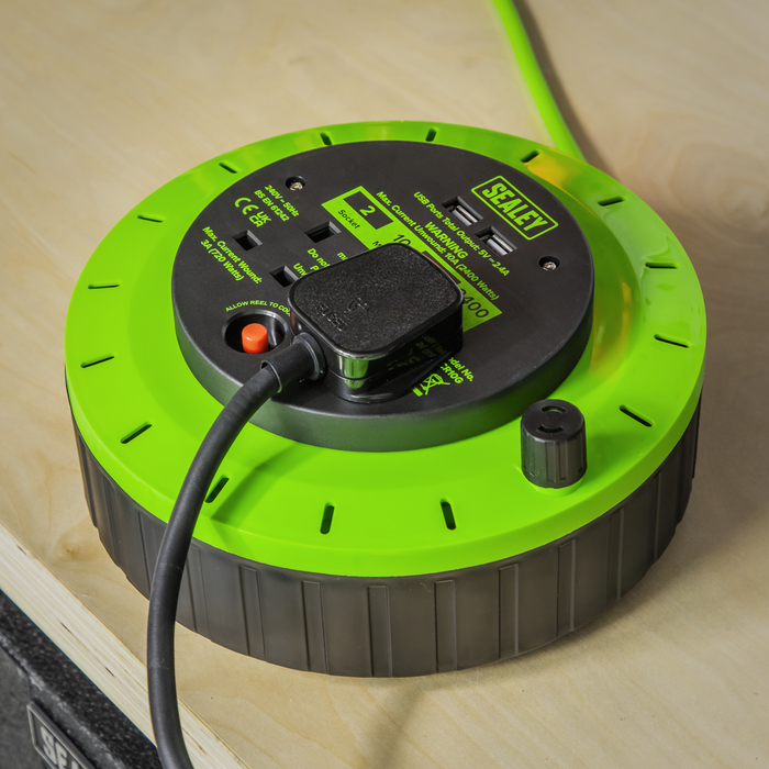 10m Cassette Type Cable Reel with Thermal Trip 2 x 230V & 2 x USB - Hi-Vis Green | BCR10G