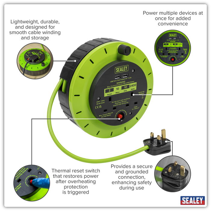 10m Cassette Type Cable Reel with Thermal Trip 2 x 230V & 2 x USB - Hi-Vis Green | BCR10G