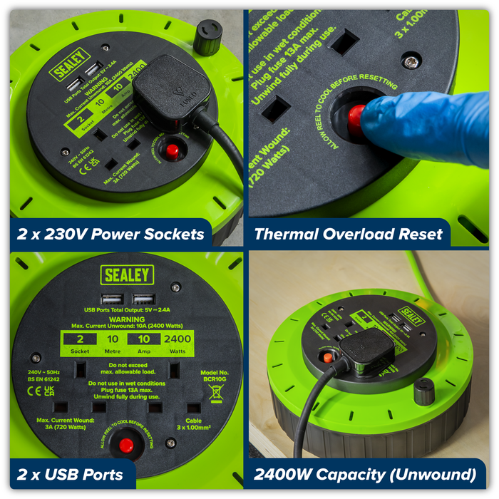 10m Cassette Type Cable Reel with Thermal Trip 2 x 230V & 2 x USB - Hi-Vis Green | BCR10G