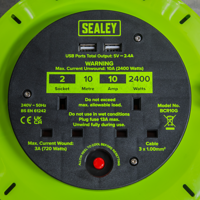 10m Cassette Type Cable Reel with Thermal Trip 2 x 230V & 2 x USB - Hi-Vis Green | BCR10G