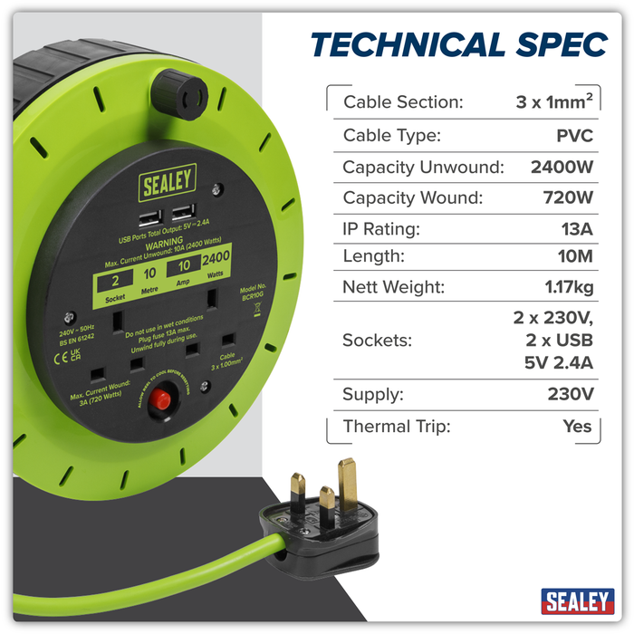 10m Cassette Type Cable Reel with Thermal Trip 2 x 230V & 2 x USB - Hi-Vis Green | BCR10G