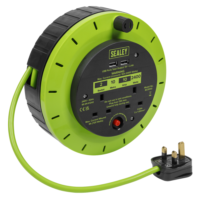 10m Cassette Type Cable Reel with Thermal Trip 2 x 230V & 2 x USB - Hi-Vis Green | BCR10G