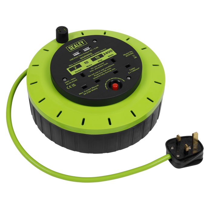 10m Cassette Type Cable Reel with Thermal Trip 2 x 230V & 2 x USB - Hi-Vis Green | BCR10G