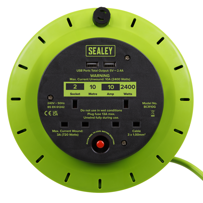 10m Cassette Type Cable Reel with Thermal Trip 2 x 230V & 2 x USB - Hi-Vis Green | BCR10G