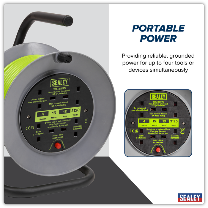 15m Cable Reel with Thermal Trip 4 x 230V - Hi-Vis Green | BCR153TG