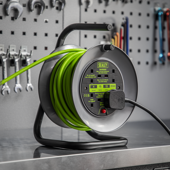 15m Cable Reel with Thermal Trip 4 x 230V - Hi-Vis Green | BCR153TG