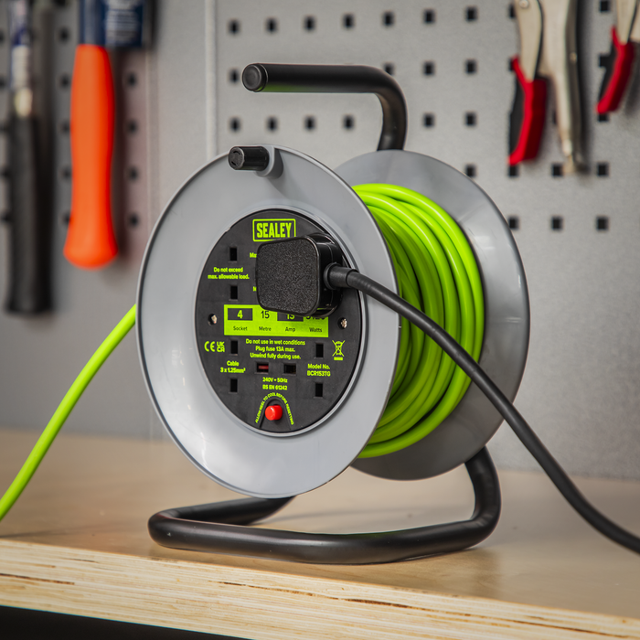 15m Cable Reel with Thermal Trip 4 x 230V - Hi-Vis Green | BCR153TG