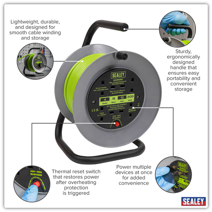 15m Cable Reel with Thermal Trip 4 x 230V - Hi-Vis Green | BCR153TG