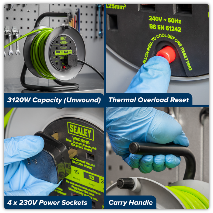 15m Cable Reel with Thermal Trip 4 x 230V - Hi-Vis Green | BCR153TG