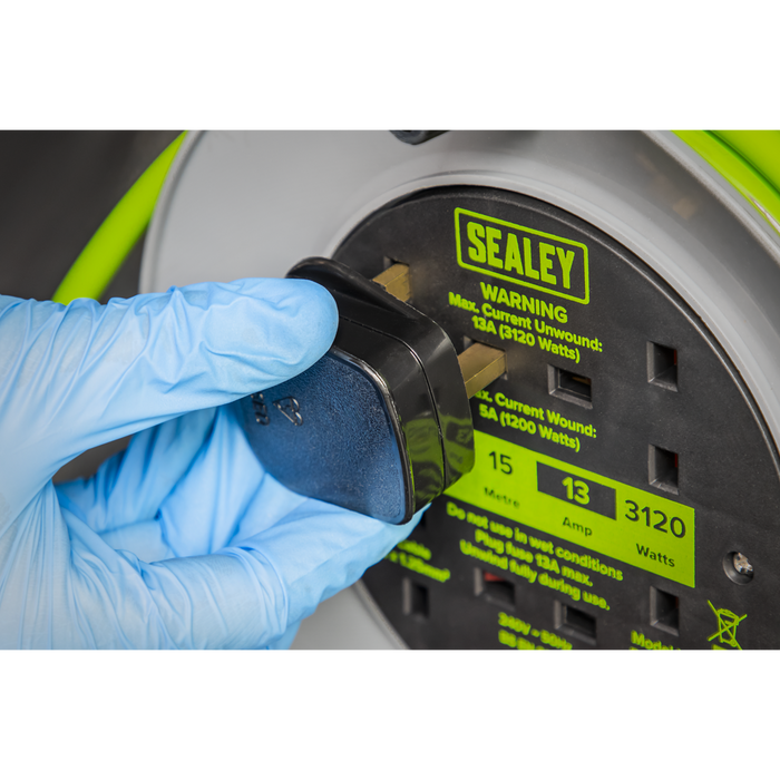 15m Cable Reel with Thermal Trip 4 x 230V - Hi-Vis Green | BCR153TG