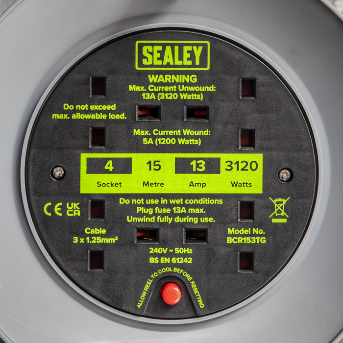 15m Cable Reel with Thermal Trip 4 x 230V - Hi-Vis Green | BCR153TG