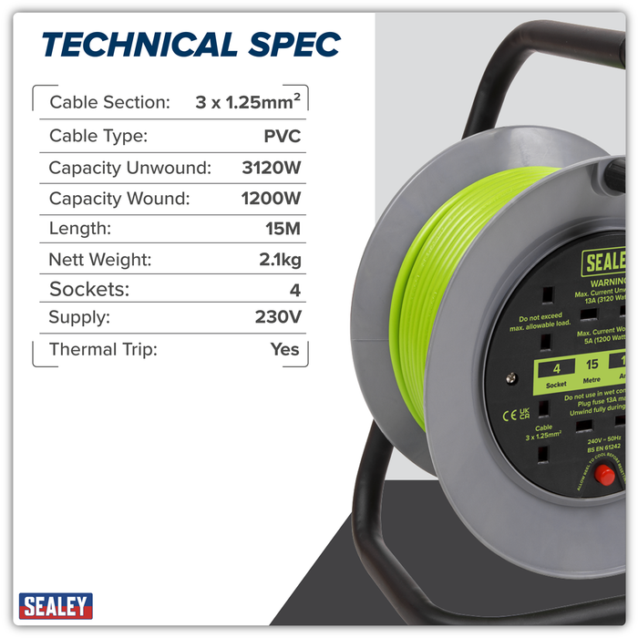 15m Cable Reel with Thermal Trip 4 x 230V - Hi-Vis Green | BCR153TG