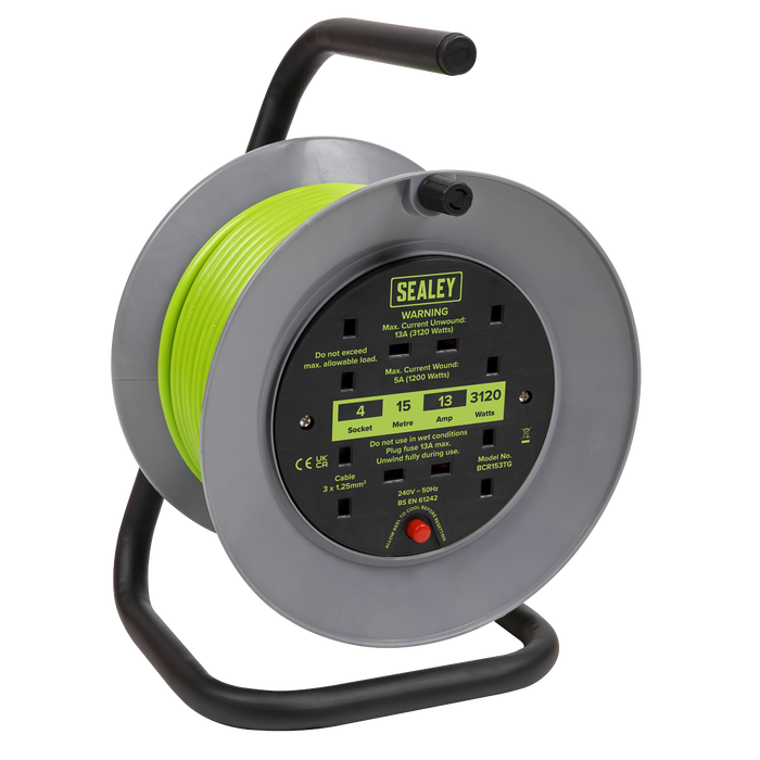 15m Cable Reel with Thermal Trip 4 x 230V - Hi-Vis Green | BCR153TG
