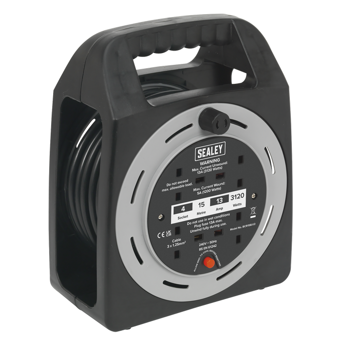 15m Box Type Cable Reel with Thermal Trip 4 x 230V | BCR15CB