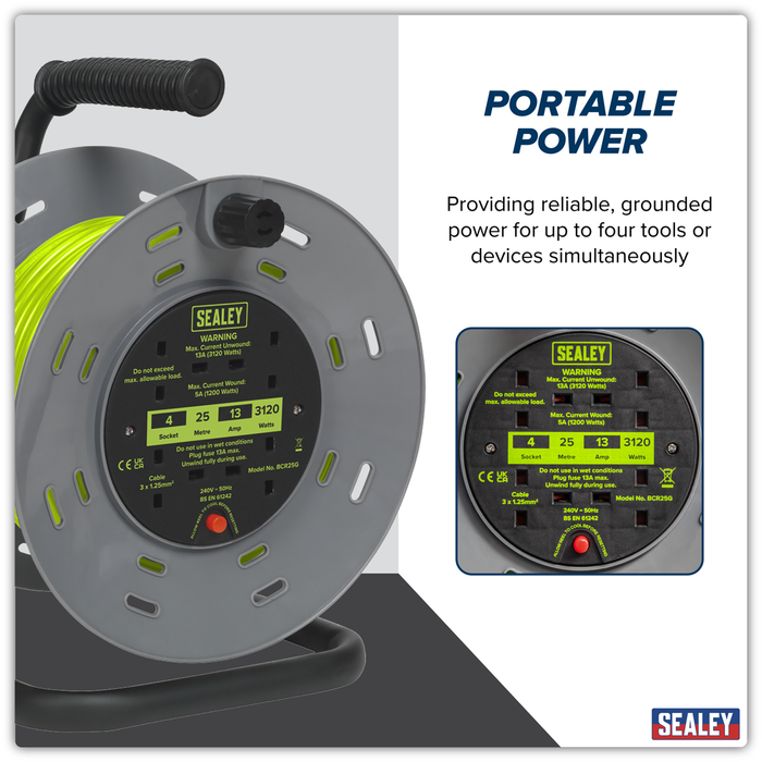 25m Cable Reel with Thermal Trip 4 x 230V - Hi-Vis Green | BCR25G