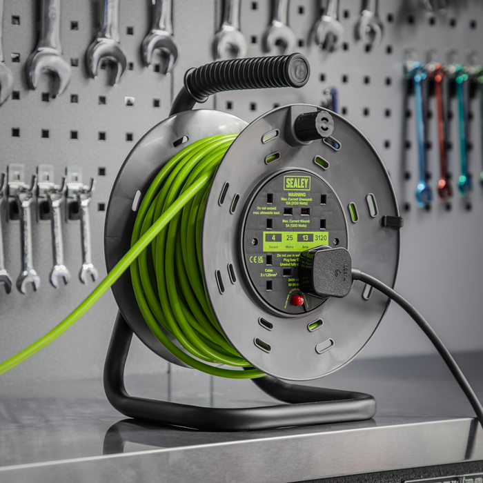 25m Cable Reel with Thermal Trip 4 x 230V - Hi-Vis Green | BCR25G