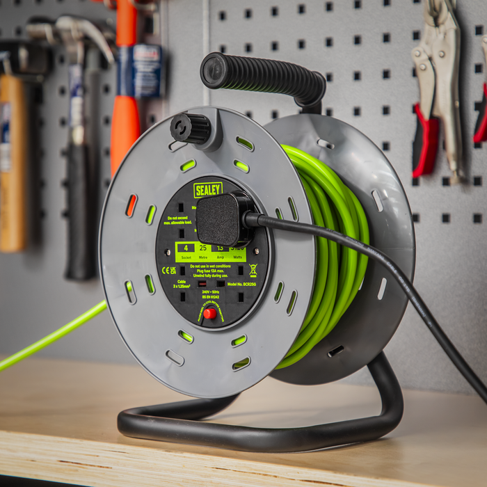 25m Cable Reel with Thermal Trip 4 x 230V - Hi-Vis Green | BCR25G