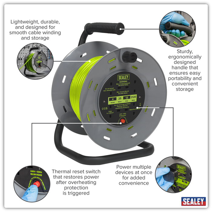 25m Cable Reel with Thermal Trip 4 x 230V - Hi-Vis Green | BCR25G
