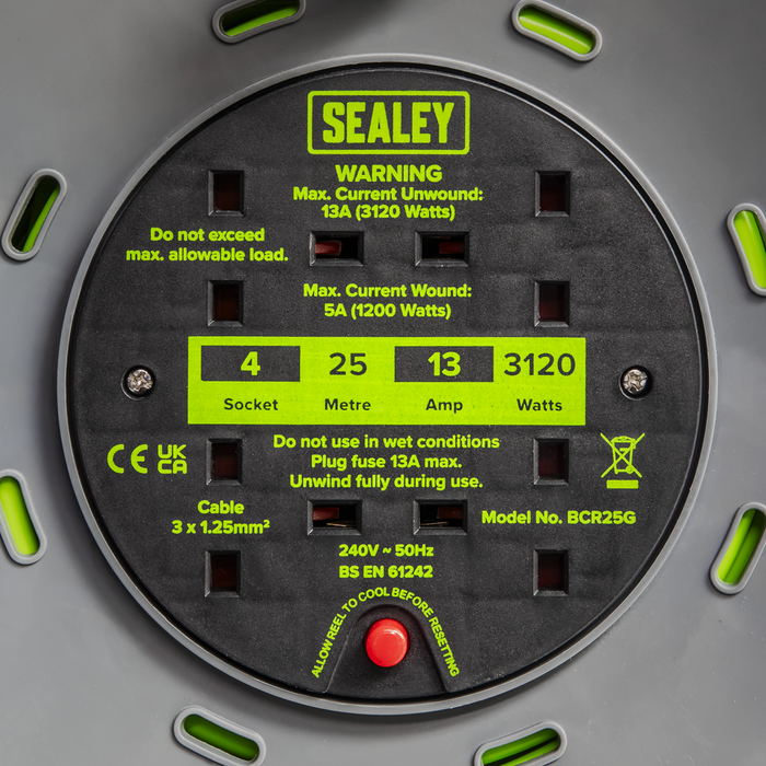 25m Cable Reel with Thermal Trip 4 x 230V - Hi-Vis Green | BCR25G