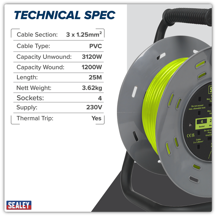 25m Cable Reel with Thermal Trip 4 x 230V - Hi-Vis Green | BCR25G