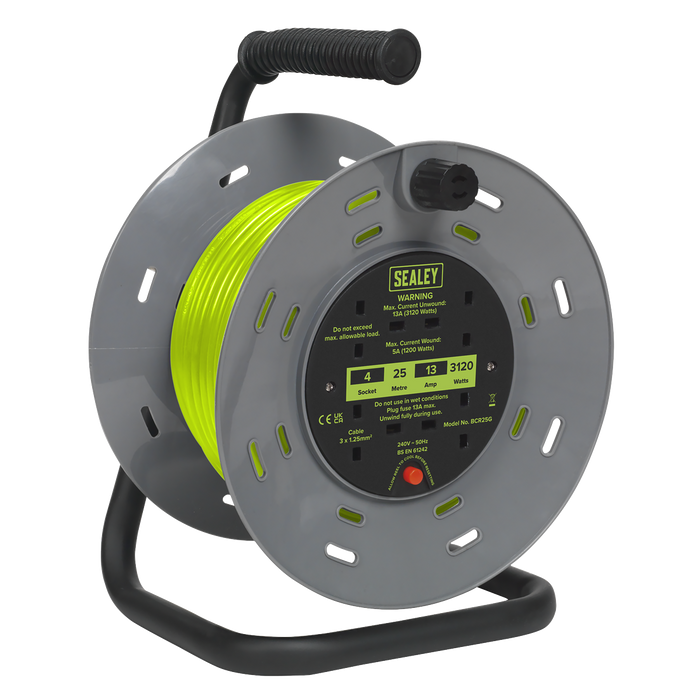 25m Cable Reel with Thermal Trip 4 x 230V - Hi-Vis Green | BCR25G