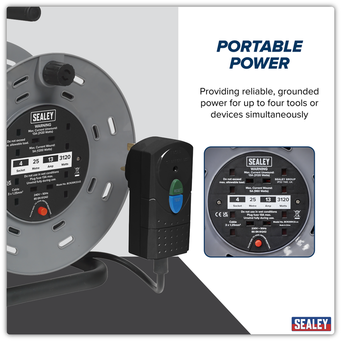25m Cable Reel with Thermal Trip & RCD Plug 4 x 230V | BCR25RCD