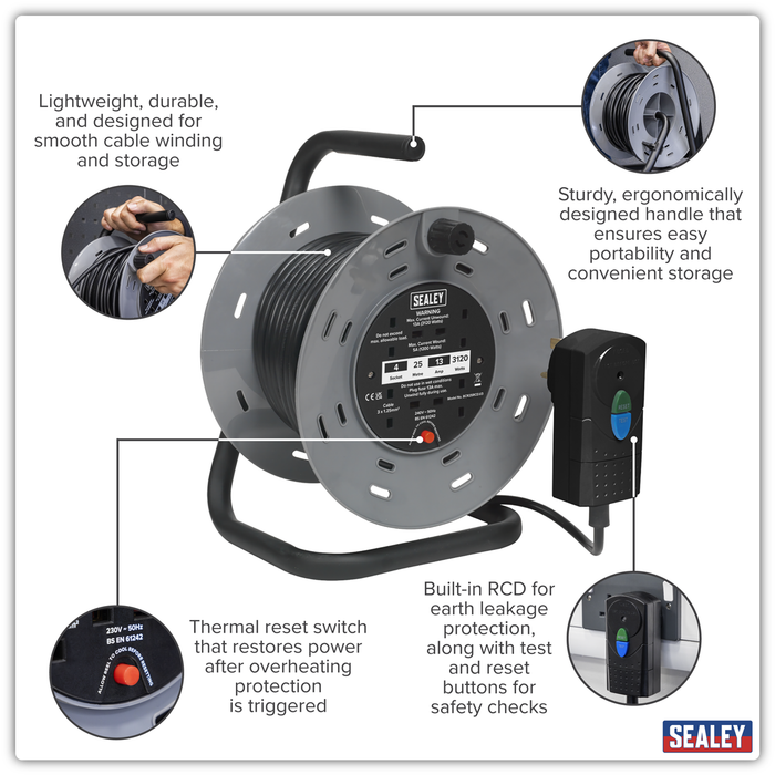 25m Cable Reel with Thermal Trip & RCD Plug 4 x 230V | BCR25RCD