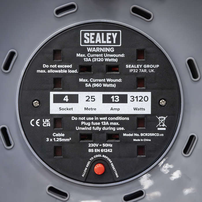 25m Cable Reel with Thermal Trip & RCD Plug 4 x 230V | BCR25RCD