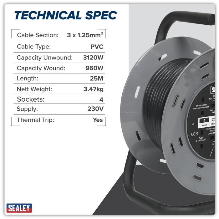 25m Cable Reel with Thermal Trip & RCD Plug 4 x 230V | BCR25RCD