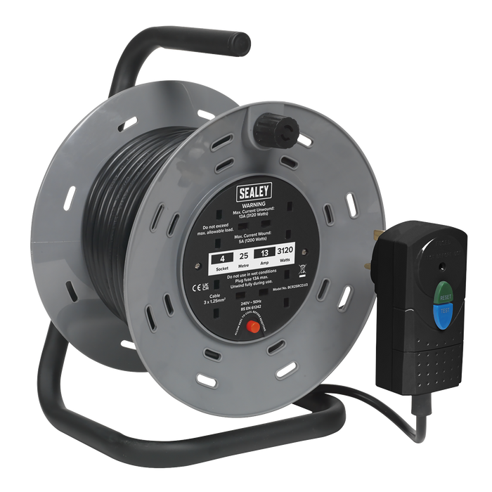 25m Cable Reel with Thermal Trip & RCD Plug 4 x 230V | BCR25RCD