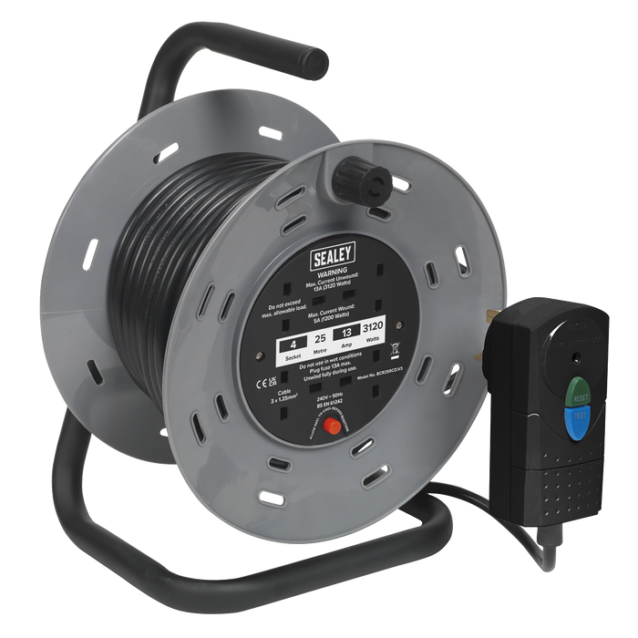 25m Cable Reel with Thermal Trip & RCD Plug 4 x 230V | BCR25RCD