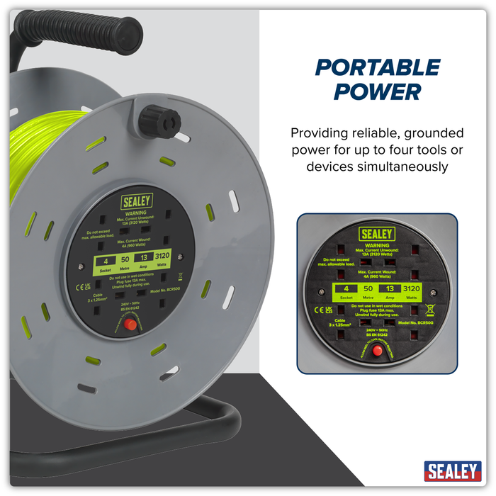 50m Cable Reel with Thermal Trip 4 x 230V - Hi-Vis Green | BCR50G
