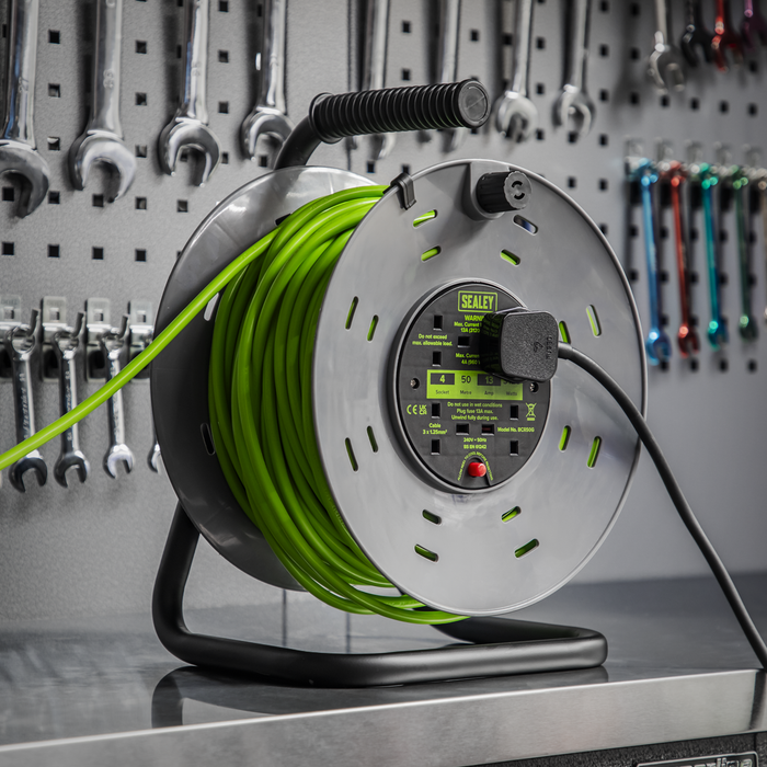 50m Cable Reel with Thermal Trip 4 x 230V - Hi-Vis Green | BCR50G