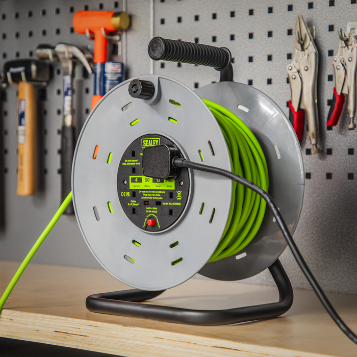 50m Cable Reel with Thermal Trip 4 x 230V - Hi-Vis Green | BCR50G