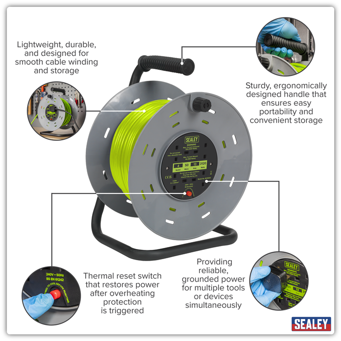 50m Cable Reel with Thermal Trip 4 x 230V - Hi-Vis Green | BCR50G