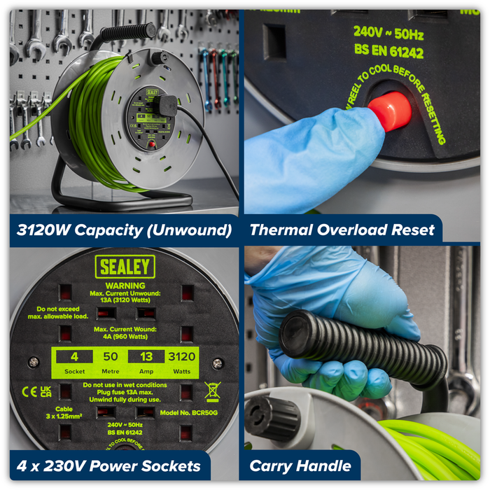 50m Cable Reel with Thermal Trip 4 x 230V - Hi-Vis Green | BCR50G