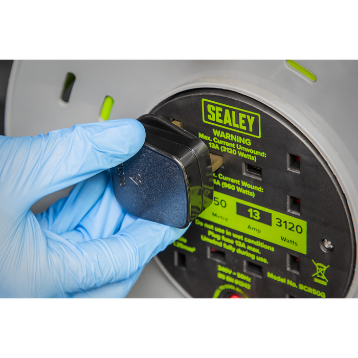 50m Cable Reel with Thermal Trip 4 x 230V - Hi-Vis Green | BCR50G