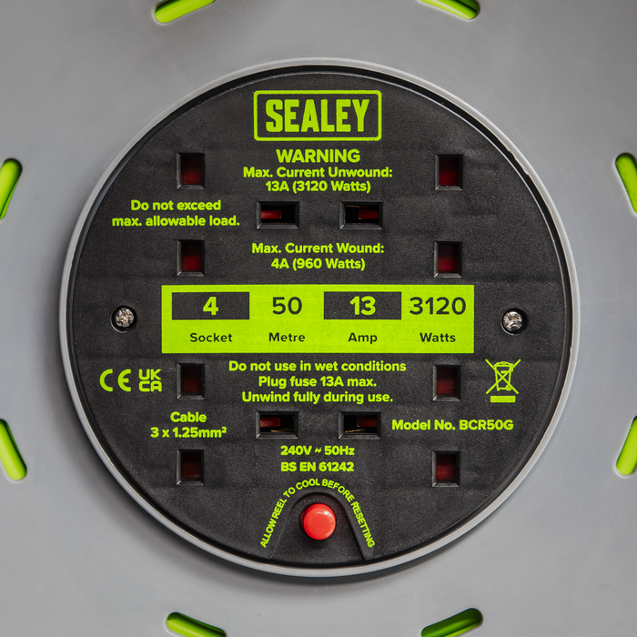 50m Cable Reel with Thermal Trip 4 x 230V - Hi-Vis Green | BCR50G