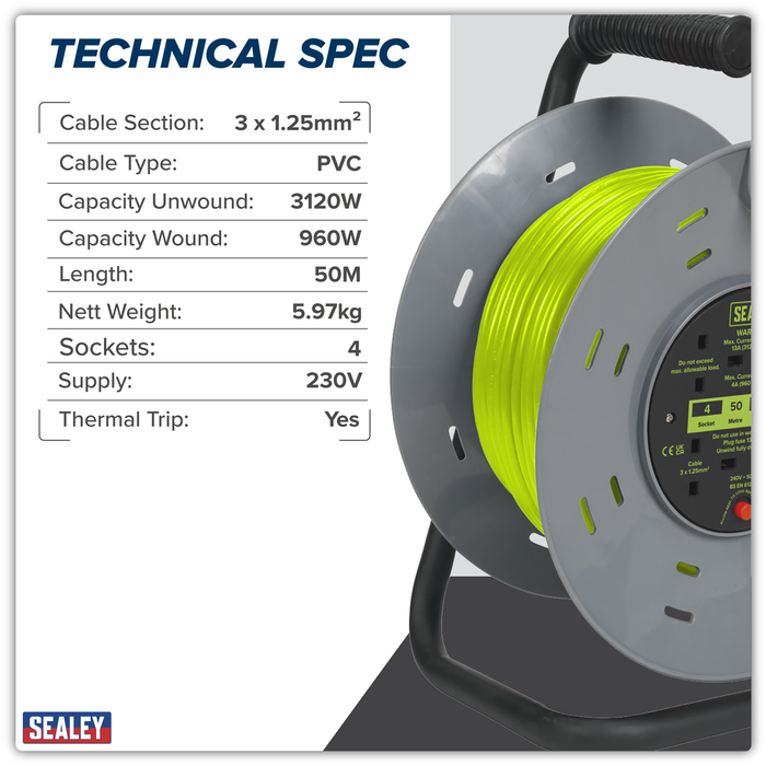 50m Cable Reel with Thermal Trip 4 x 230V - Hi-Vis Green | BCR50G