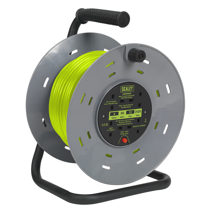 50m Cable Reel with Thermal Trip 4 x 230V - Hi-Vis Green | BCR50G