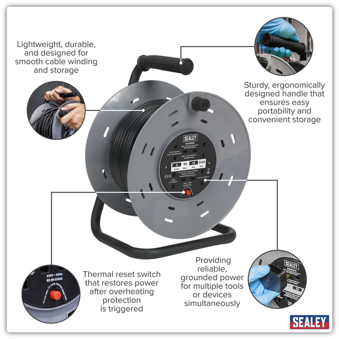 50m Cable Reel with Thermal Trip 4 x 230V | BCR50