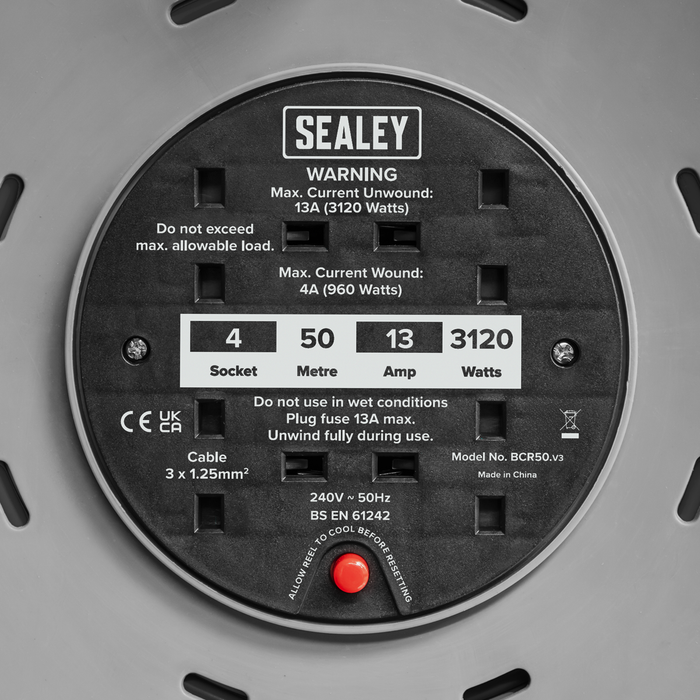 50m Cable Reel with Thermal Trip 4 x 230V | BCR50