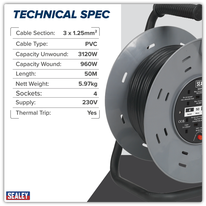 50m Cable Reel with Thermal Trip 4 x 230V | BCR50