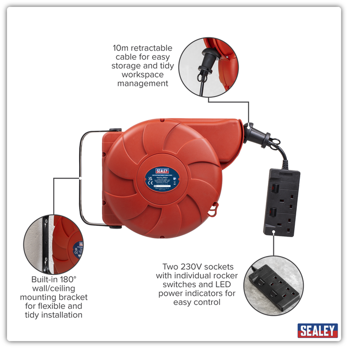 Cable Reel System Retractable 10m 2 x 230V Socket | CRM10