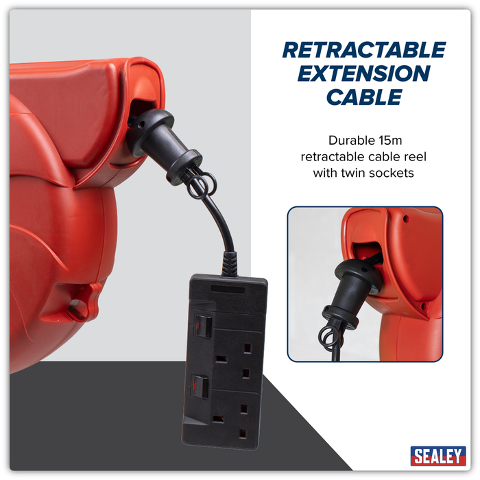 Cable Reel System Retractable 15m 2 x 230V Socket | CRM15