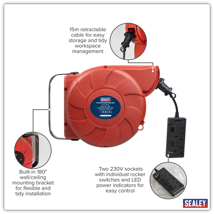 Cable Reel System Retractable 15m 2 x 230V Socket | CRM15