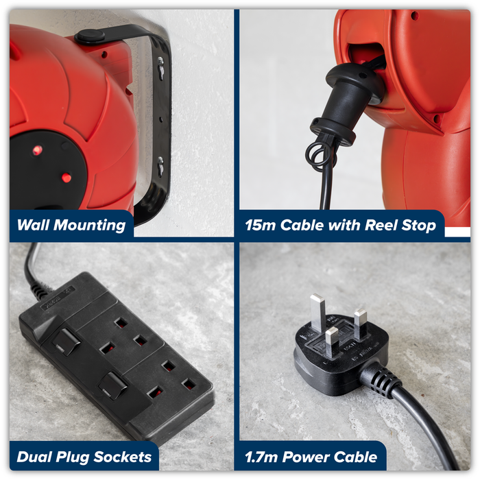 Cable Reel System Retractable 15m 2 x 230V Socket | CRM15
